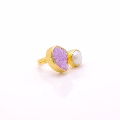 Women's Ring with Amethyst & Baroque Water Pearl Handmade Gold Finish | Divine Jewelry | inspired.jewelry