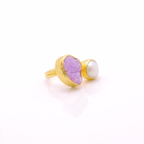 Women's Ring with Amethyst & Baroque Water Pearl Handmade Gold Finish | Divine Jewelry | inspired.jewelry