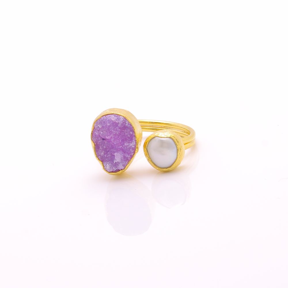 Women's Ring with Amethyst & Baroque Water Pearl Handmade Gold Finish | Divine Jewelry | inspired.jewelry