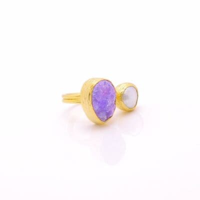 Women's Ring with Amethyst & Baroque Water Pearl Handmade Gold Finish | Divine Jewelry | inspired.jewelry