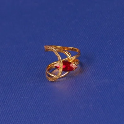 Handmade Carved Ring with Red Crystal Preciosa Gold Plated | inspired.jewelry